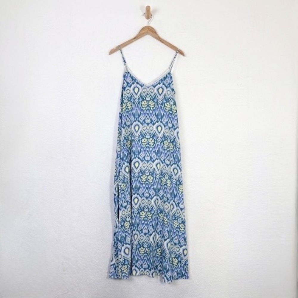 Emily Wonder Blue Ikat‎ Print V-Neck Maxi Dress Small NWT Spaghetti Straps